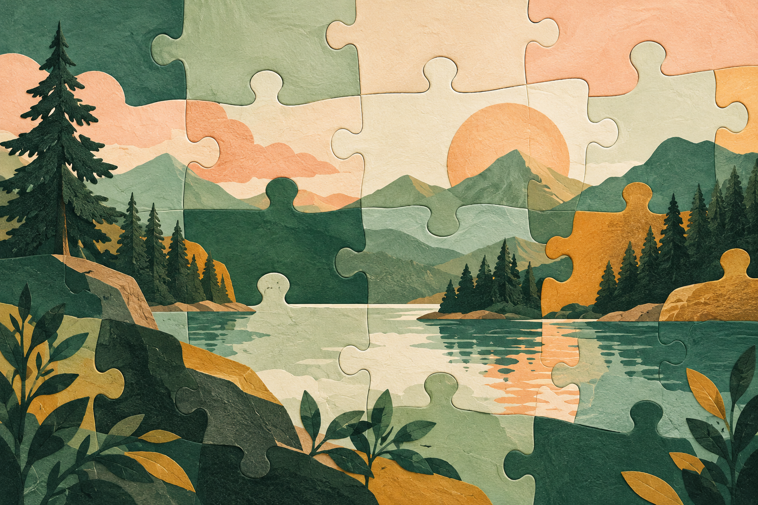 large colourful interlocking puzzle pieces forming abstract landscape, forest green ochre and pale peach, tactile paper illustration